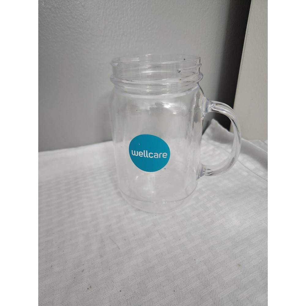 Wellcare Clear Plastic Mason Jar Mug with Handle Blue Logo Promotional Cup